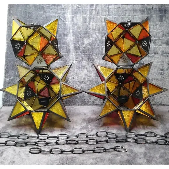 Moroccan Moravian Stained Glass 14" Star Hanging Tealight Candle Holder 2PC Set - Picture 8 of 10